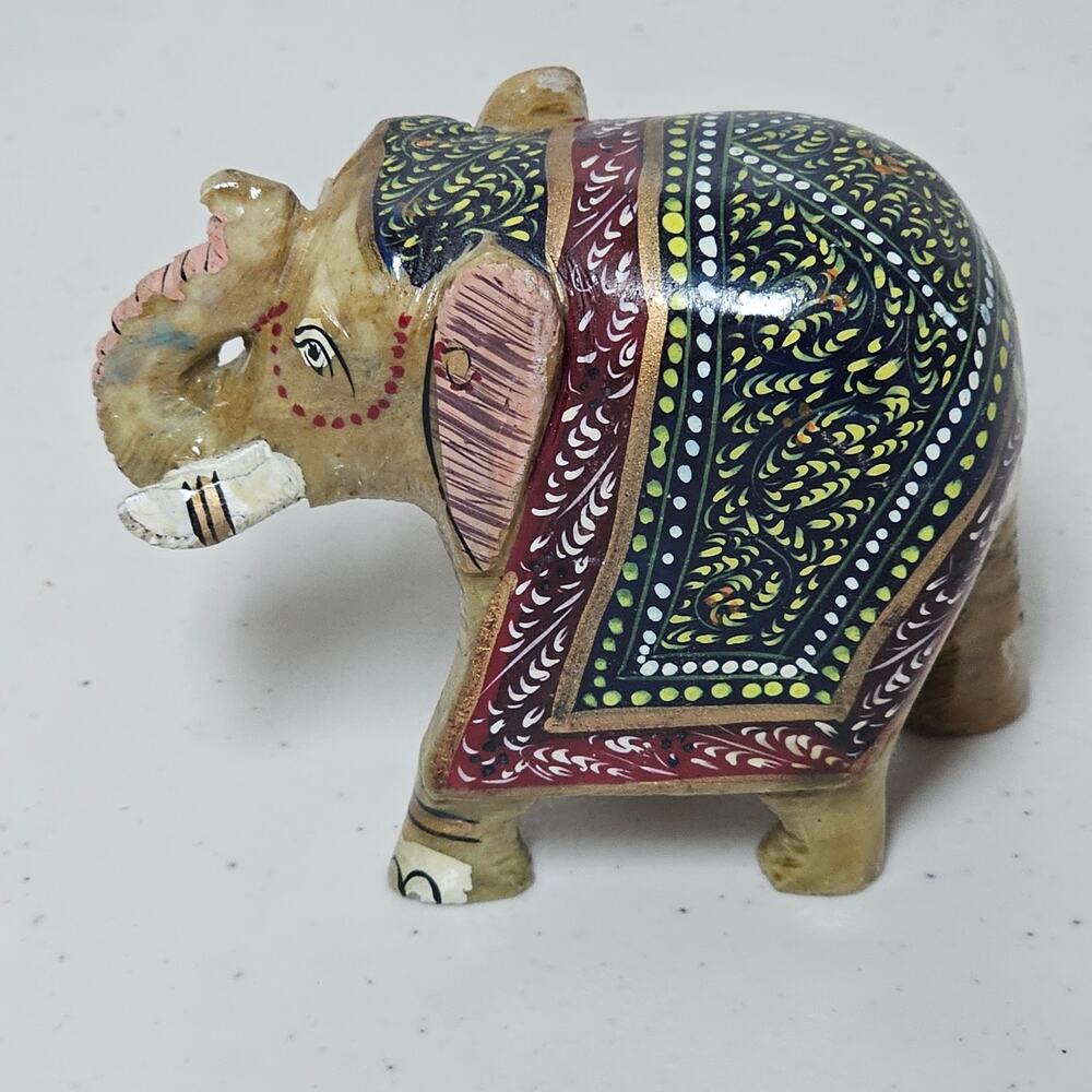 Handpainted Stone Elephant Carved Trunk Up - No Chips